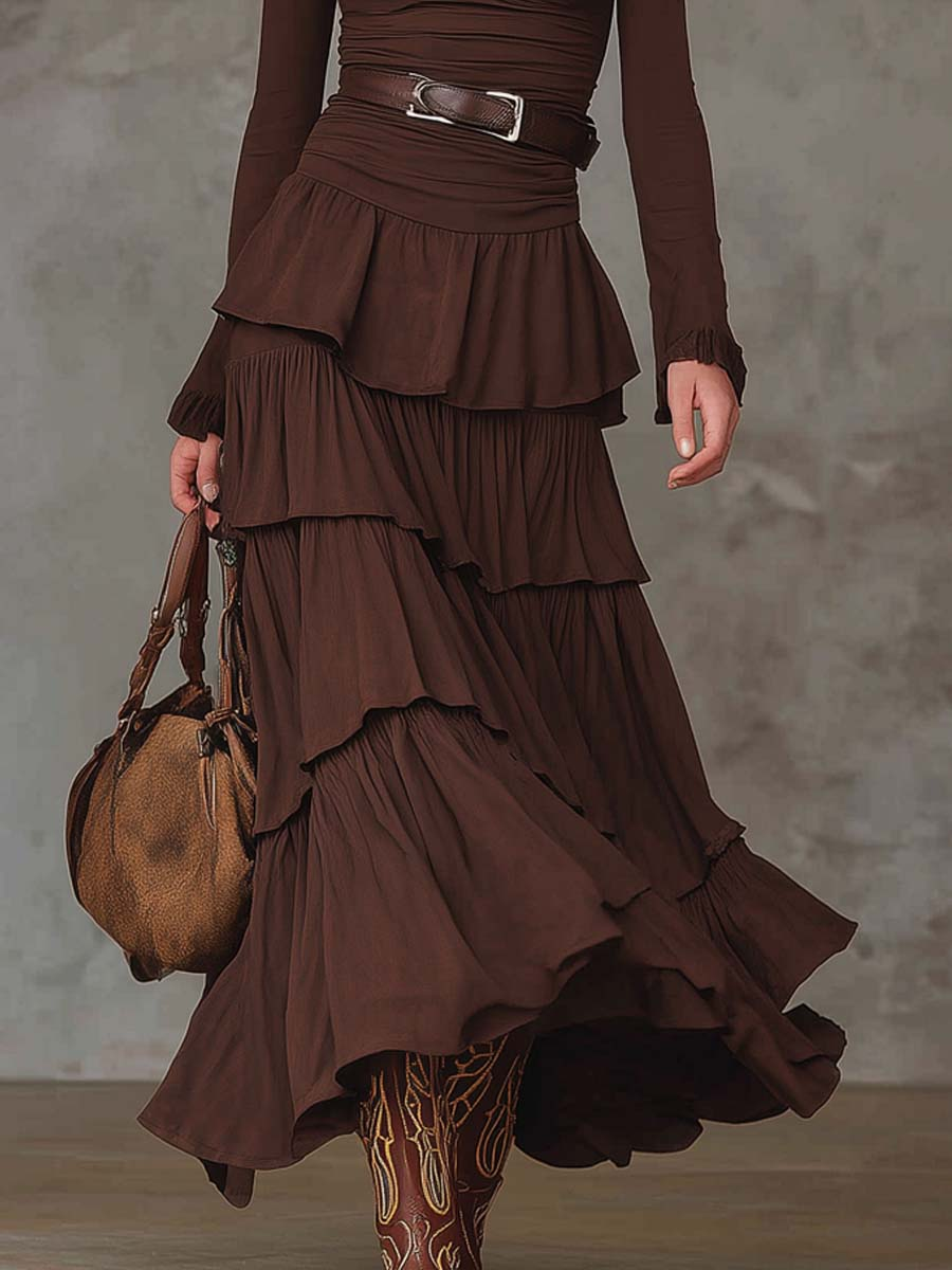 Grounded Sage Brown Retro V-Neck Maxi Dress - Multi-Layered Ruffles