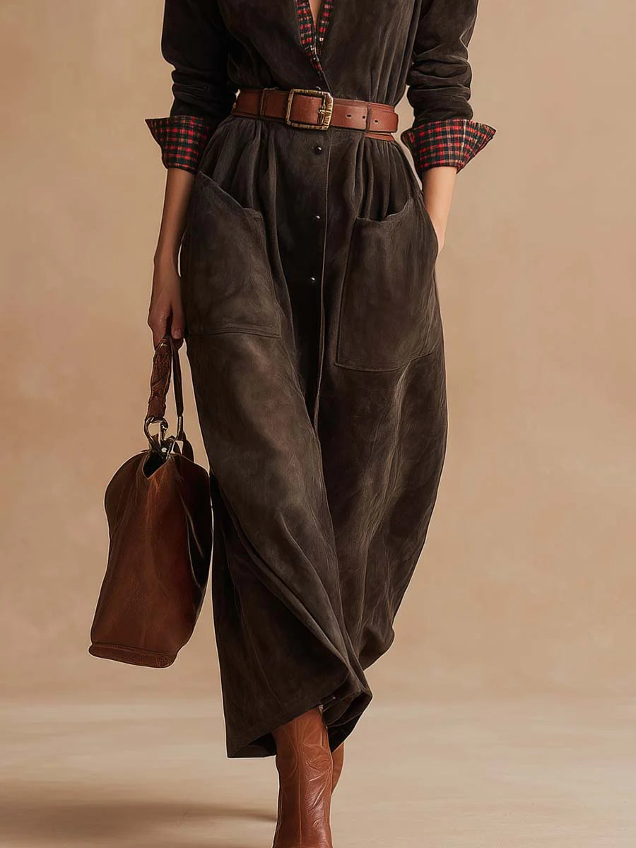 Grounded Sage Brown Suede Maxi Dress - Belted Waist Fit