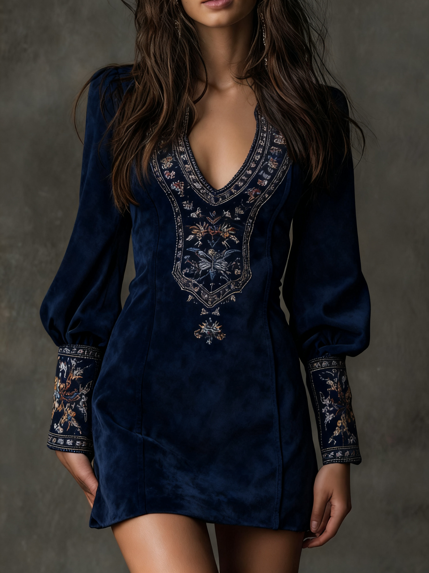 Grounded Sage Brown Suede Mini Dress Embroidered V-Neck