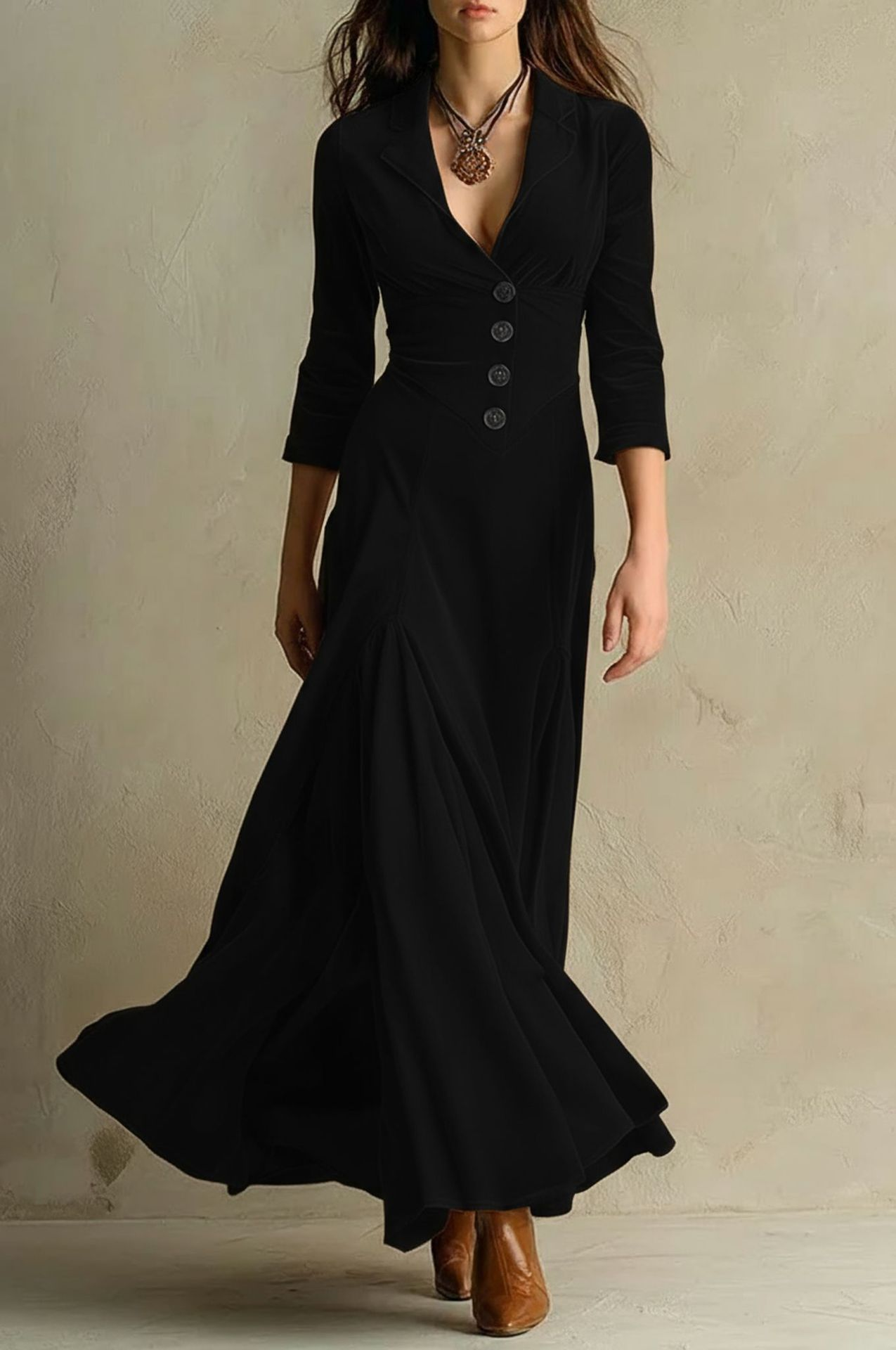 Grounded Sage Brown Velvet Maxi Dress - Suit Collar & Button Fit
