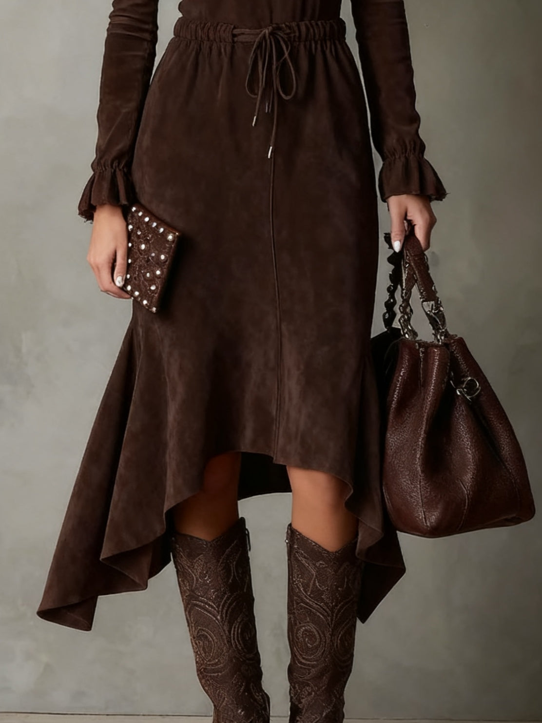 Grounded Sage Dark Brown Irregular Midi Dress - Suede Drawstring