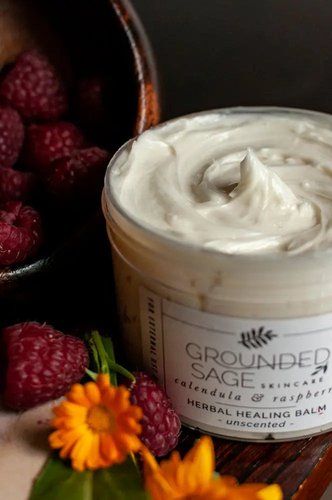 Calendula & Raspberry Herbal Healing Balm for eczema, cracked heels, hard-working hands, and more!