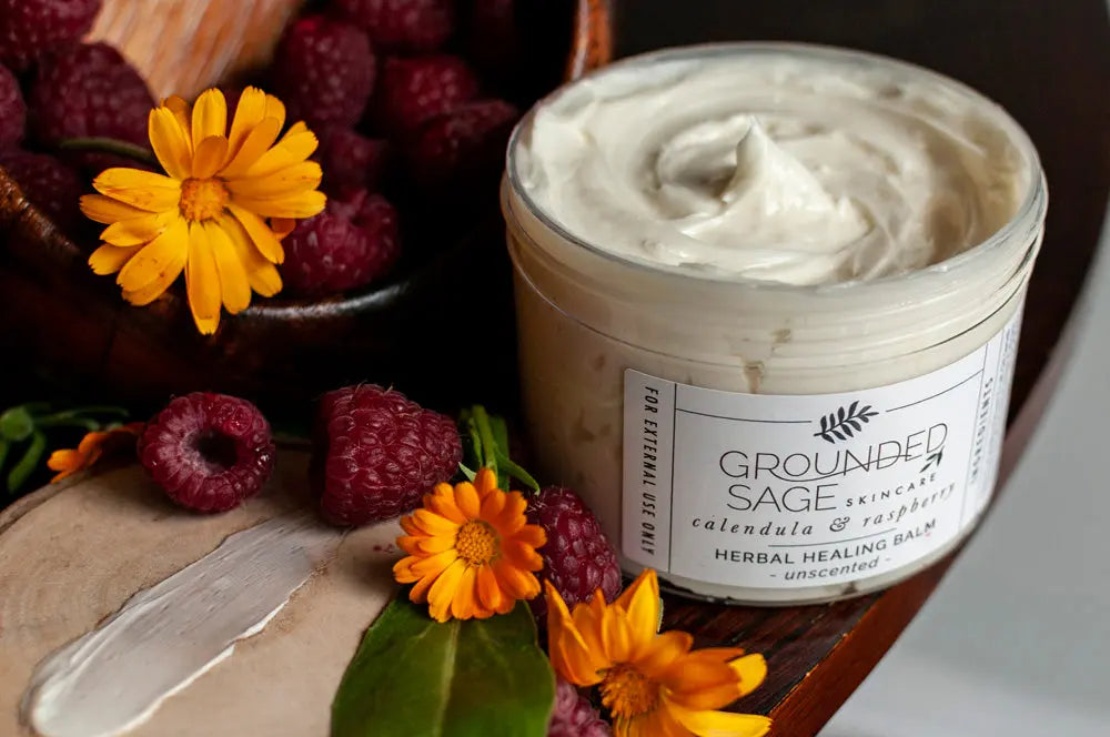 Calendula & Raspberry Herbal Healing Balm for eczema, cracked heels, hard-working hands, and more!