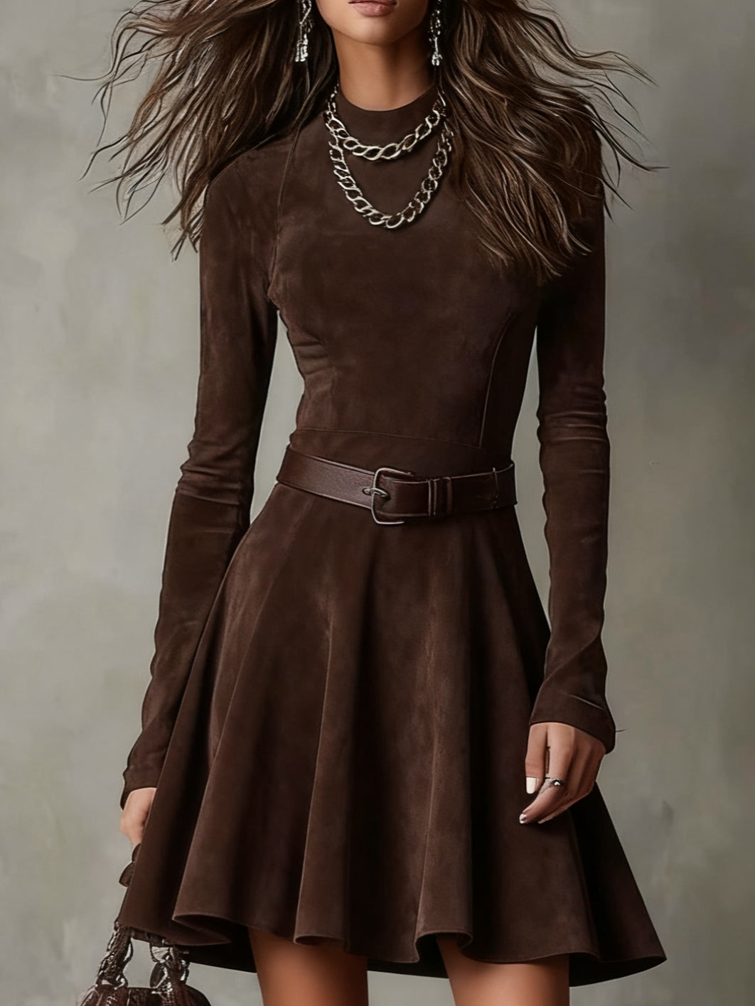 Grounded Sage Brown Faux Suede Mock Neck Belted Skater Mini Dress