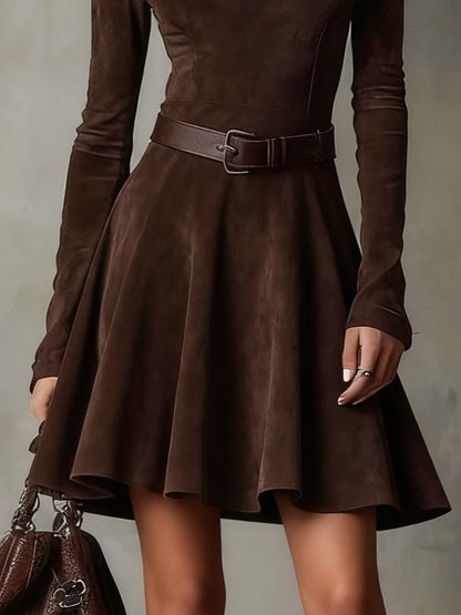 Grounded Sage Brown Faux Suede Mock Neck Belted Skater Mini Dress