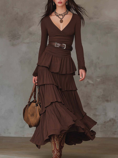 Grounded Sage Brown Retro V-Neck Maxi Dress - Multi-Layered Ruffles