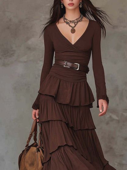 Grounded Sage Brown Retro V-Neck Maxi Dress - Multi-Layered Ruffles