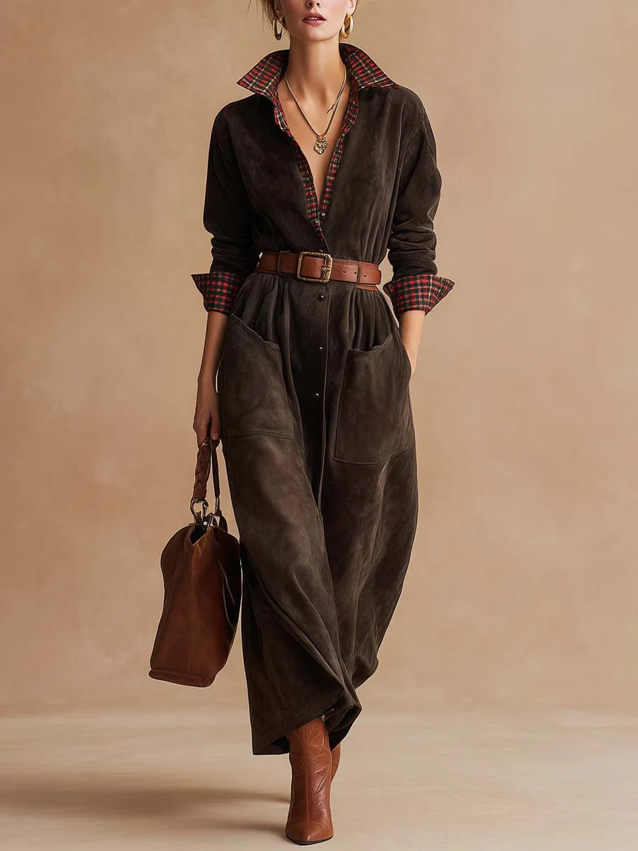 Grounded Sage Brown Suede Maxi Dress - Belted Waist Fit