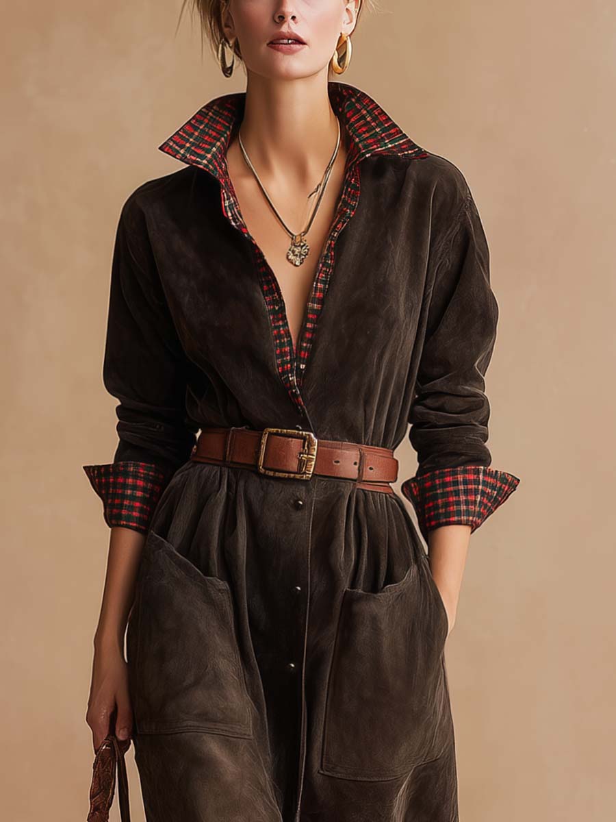 Grounded Sage Brown Suede Maxi Dress - Belted Waist Fit