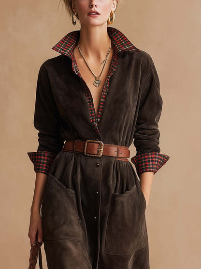 Grounded Sage Brown Suede Maxi Dress - Belted Waist Fit