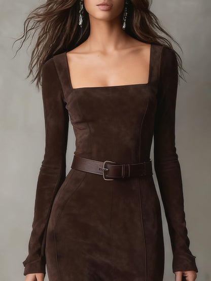 Grounded Sage Brown Suede Maxi Dress - Square Neck Long Sleeve