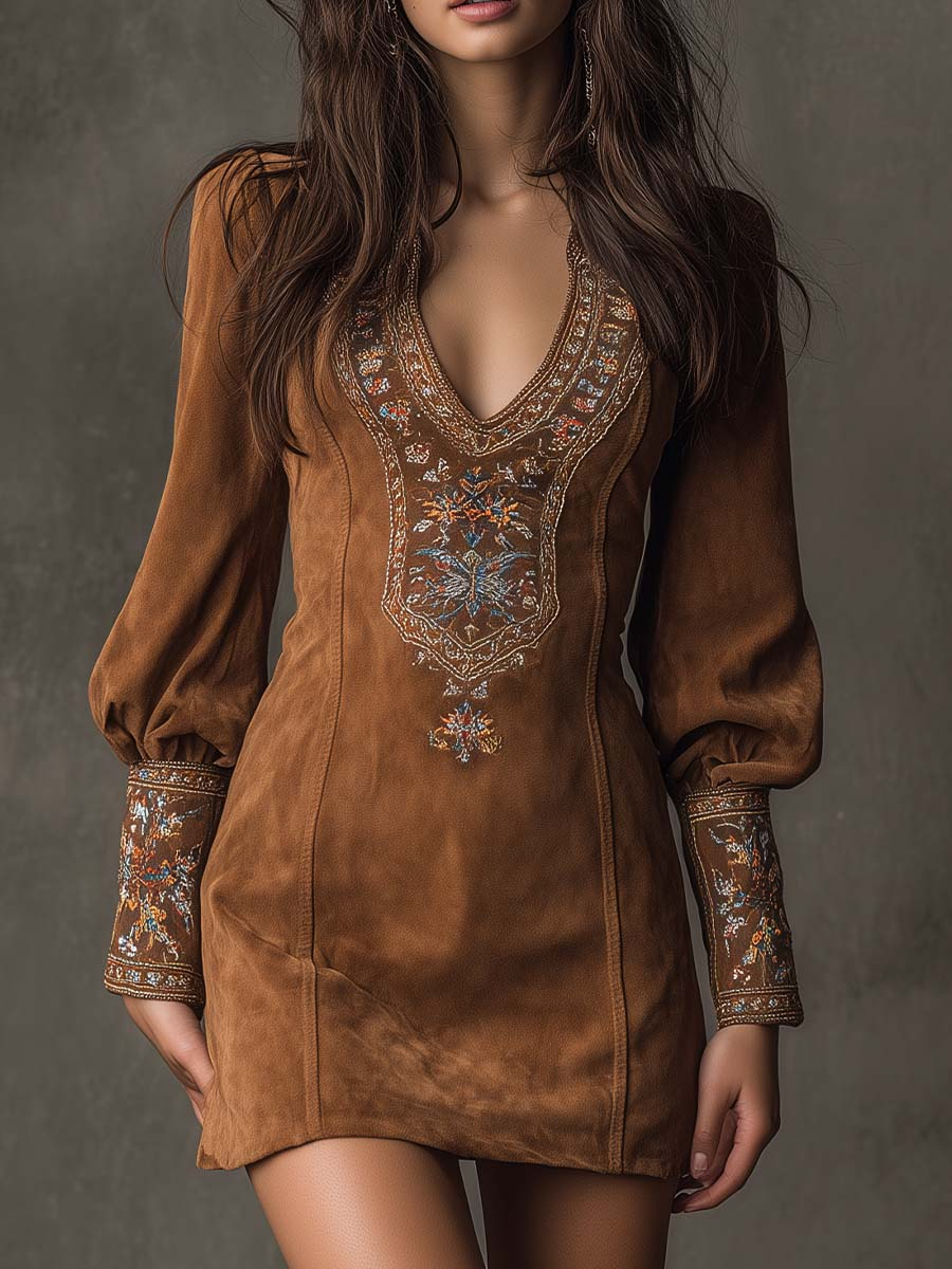 Grounded Sage Brown Suede Mini Dress Embroidered V-Neck