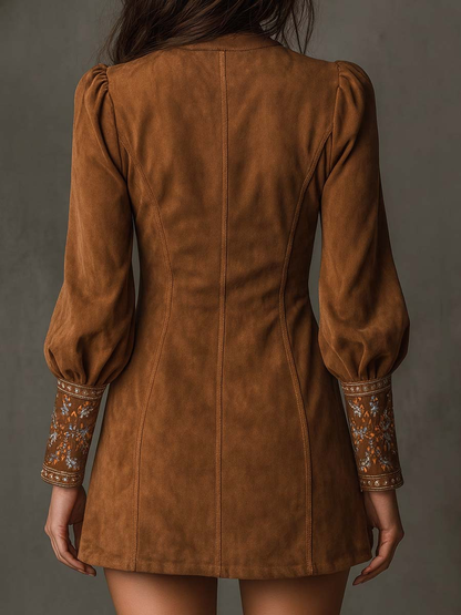 Grounded Sage Brown Suede Mini Dress Embroidered V-Neck