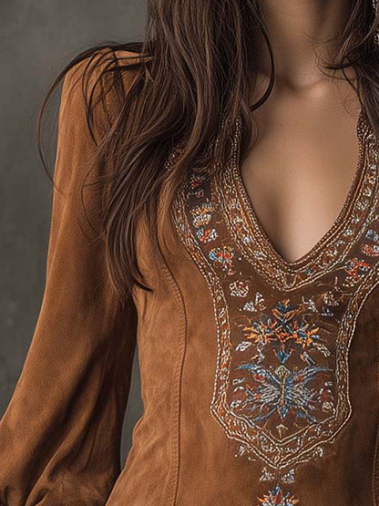 Grounded Sage Brown Suede Mini Dress Embroidered V-Neck