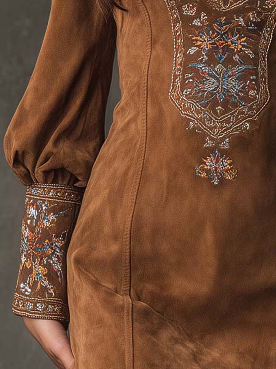 Grounded Sage Brown Suede Mini Dress Embroidered V-Neck