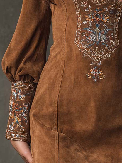 Grounded Sage Brown Suede Mini Dress Embroidered V-Neck