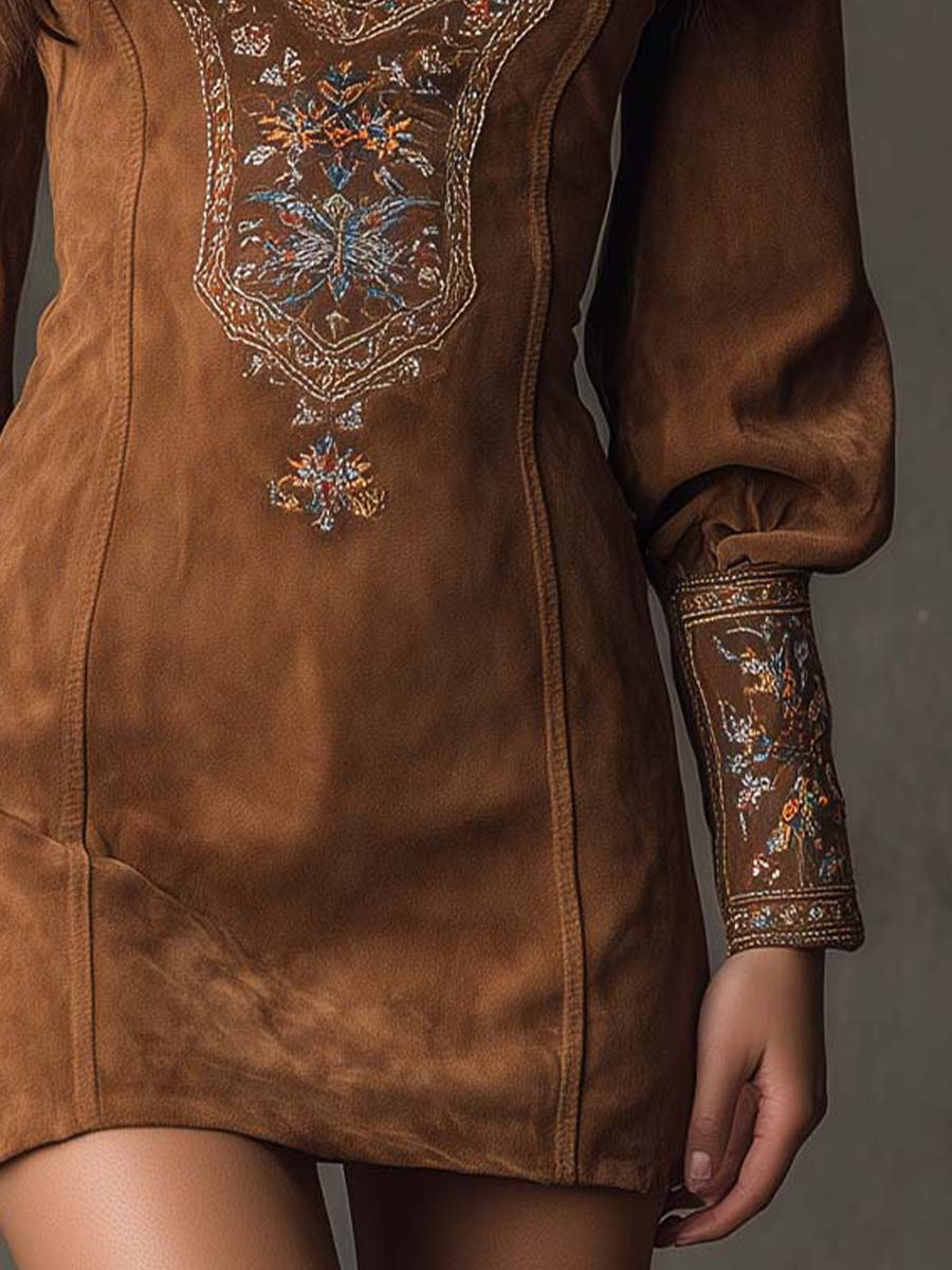 Grounded Sage Brown Suede Mini Dress Embroidered V-Neck