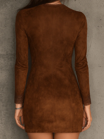Grounded Sage Brown Suede Mini Dress Lace Trim Zip Front Pockets
