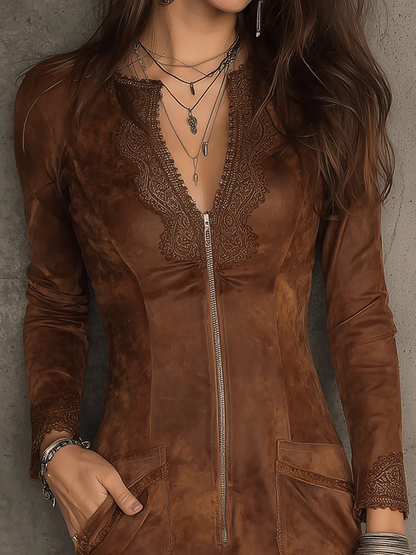 Grounded Sage Brown Suede Mini Dress Lace Trim Zip Front Pockets