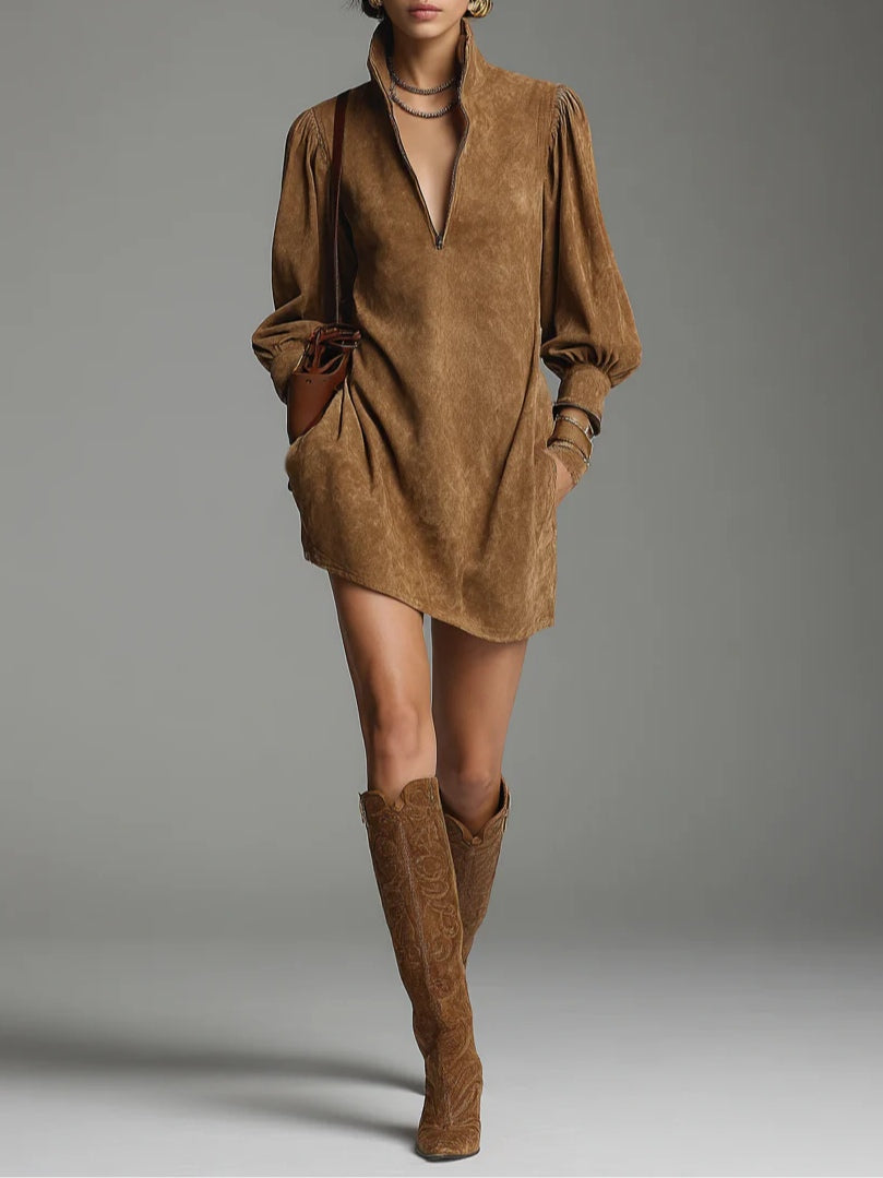 Grounded Sage Brown Turtleneck Mini Dress - Suede Zipper Loose