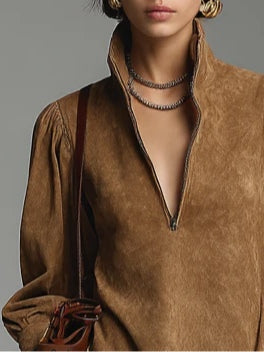 Grounded Sage Brown Turtleneck Mini Dress - Suede Zipper Loose