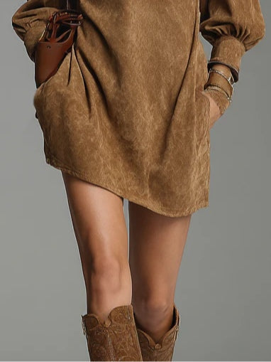 Grounded Sage Brown Turtleneck Mini Dress - Suede Zipper Loose