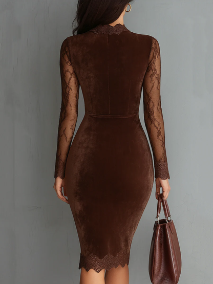 Grounded Sage Brown Velvet Lace Midi Dress - Sheer Sleeve Bodycon