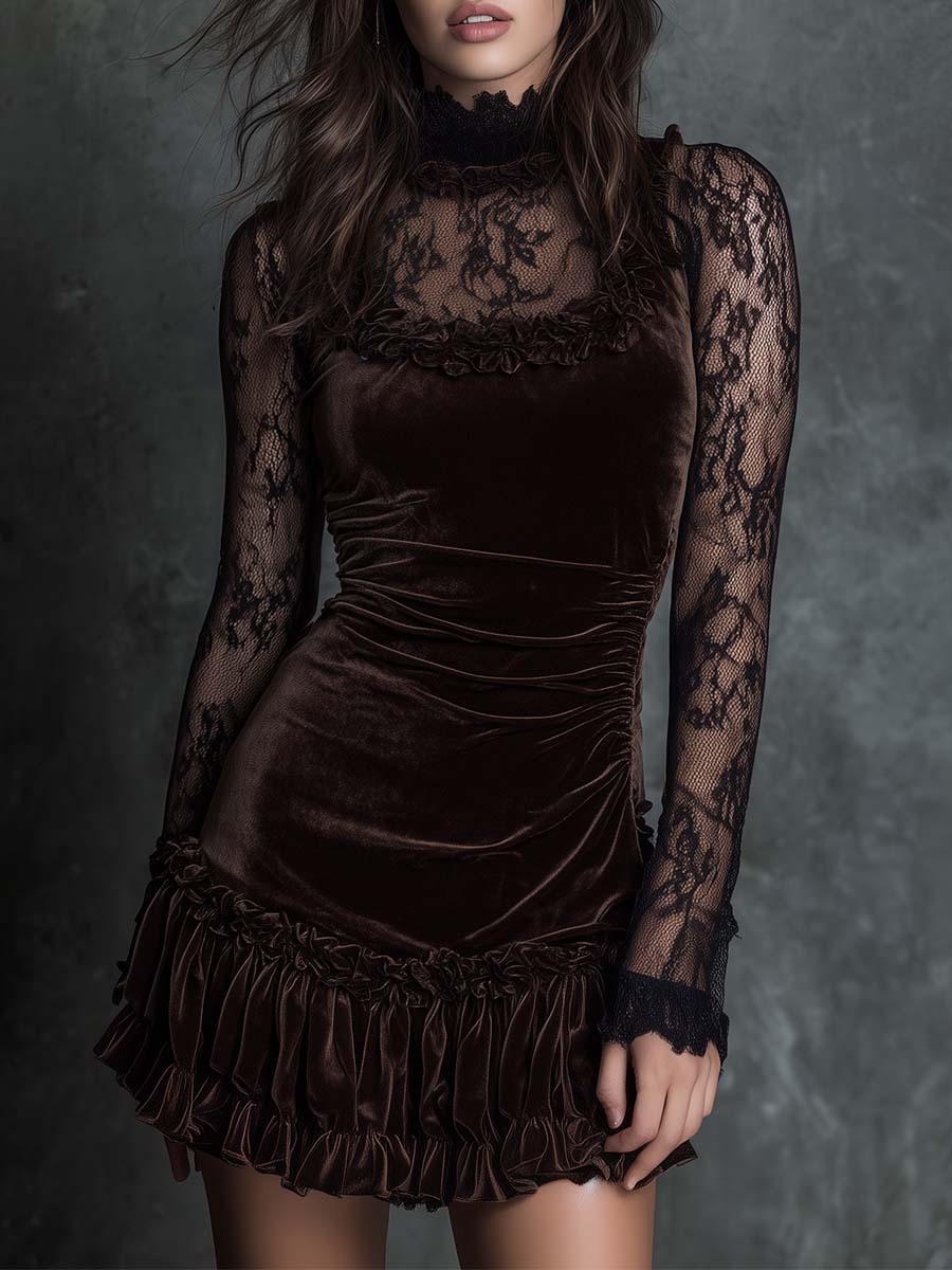 Grounded Sage  Brown Velvet Lace Mini Dress - High Neck Sheer Sleeve
