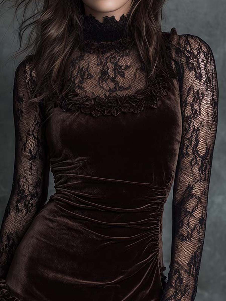 Grounded Sage  Brown Velvet Lace Mini Dress - High Neck Sheer Sleeve