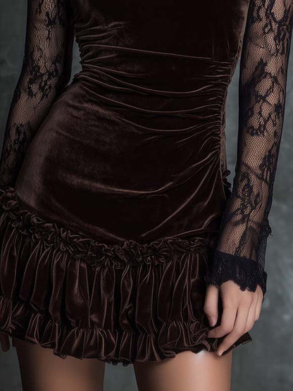 Grounded Sage  Brown Velvet Lace Mini Dress - High Neck Sheer Sleeve