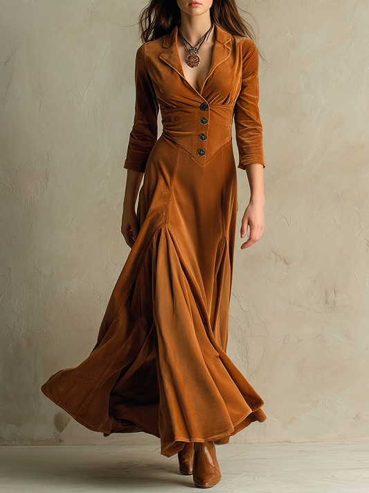 Grounded Sage Brown Velvet Maxi Dress - Suit Collar & Button Fit