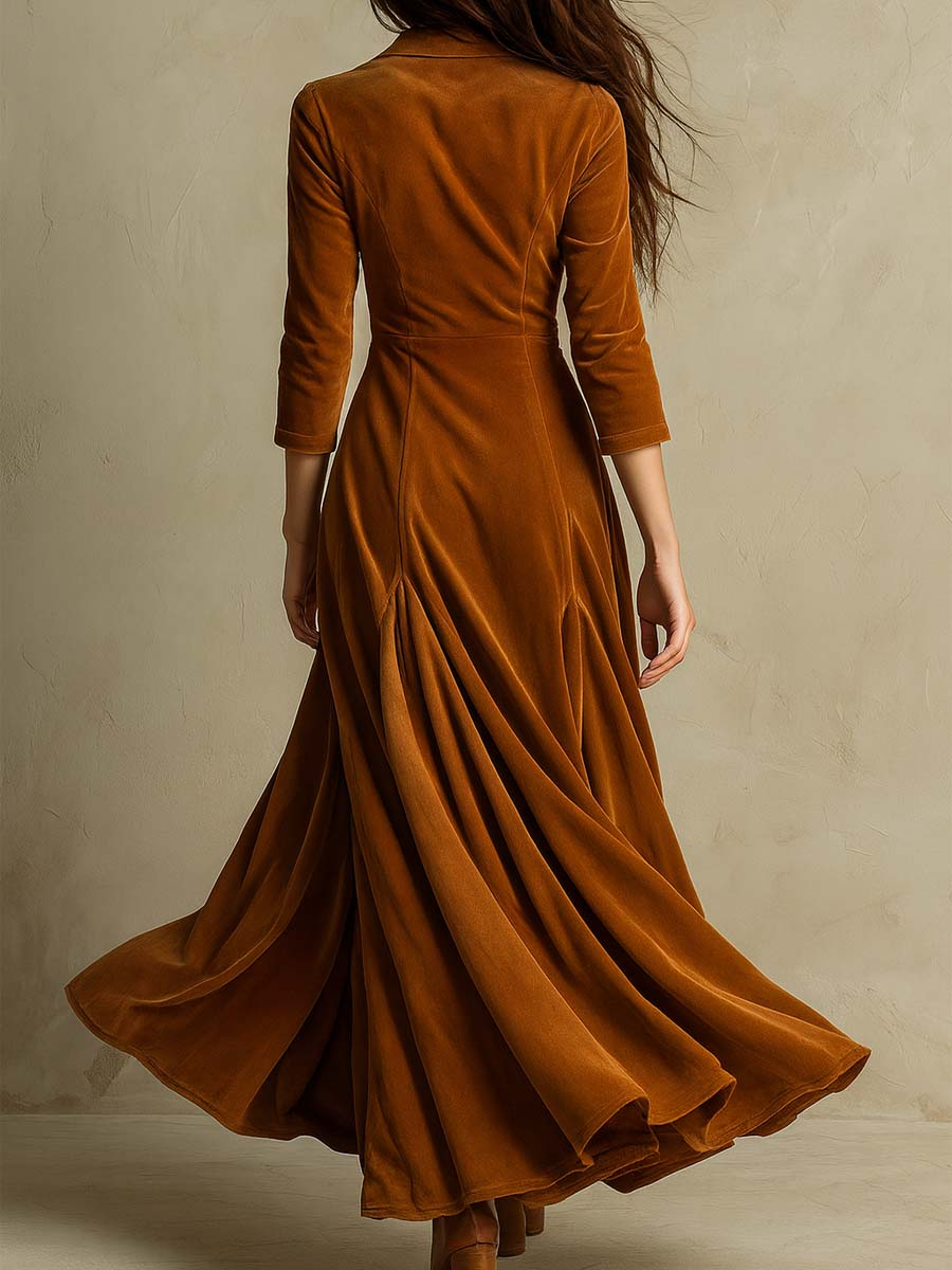 Grounded Sage Brown Velvet Maxi Dress - Suit Collar & Button Fit