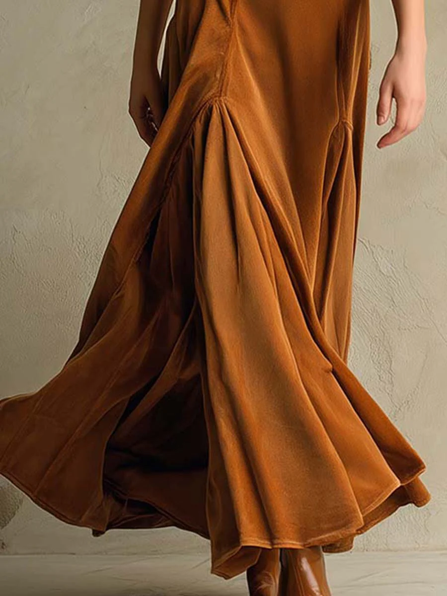 Grounded Sage Brown Velvet Maxi Dress - Suit Collar & Button Fit