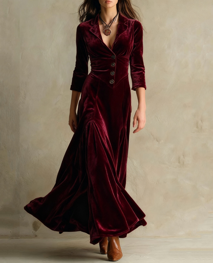Grounded Sage Brown Velvet Maxi Dress - Suit Collar & Button Fit