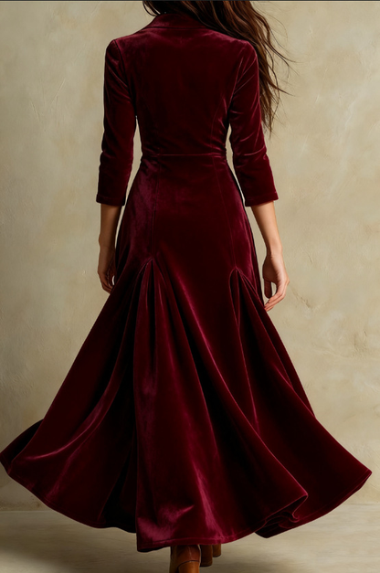 Grounded Sage Brown Velvet Maxi Dress - Suit Collar & Button Fit