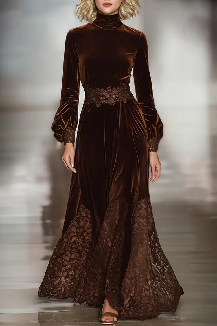 Grounded Sage Brown Velvet Maxi Dress - Turtleneck Lace Trim