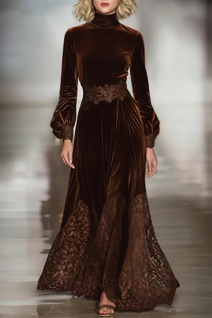 Grounded Sage Brown Velvet Maxi Dress - Turtleneck Lace Trim