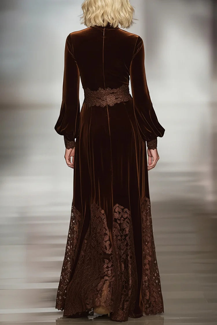 Grounded Sage Brown Velvet Maxi Dress - Turtleneck Lace Trim