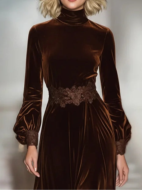 Grounded Sage Brown Velvet Maxi Dress - Turtleneck Lace Trim