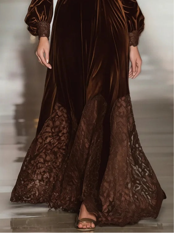 Grounded Sage Brown Velvet Maxi Dress - Turtleneck Lace Trim
