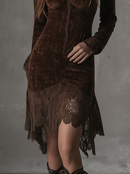 Grounded Sage Brown Velvet Midi Dress - V-Neck Long Sleeve