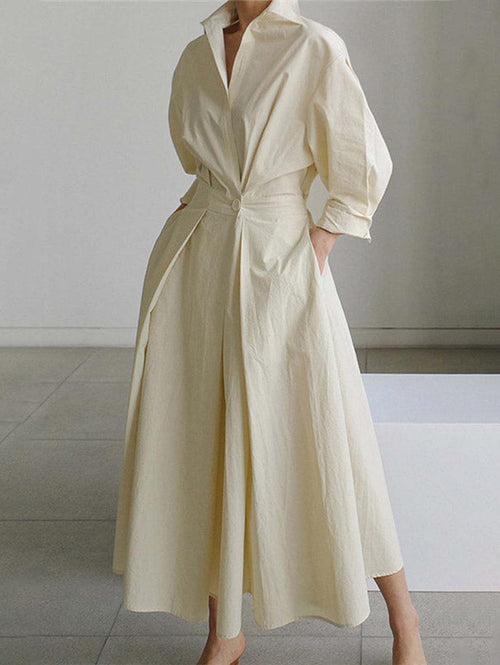 Grounded Sage Button-Up Midi Dress - Elegant Lapel Collar
