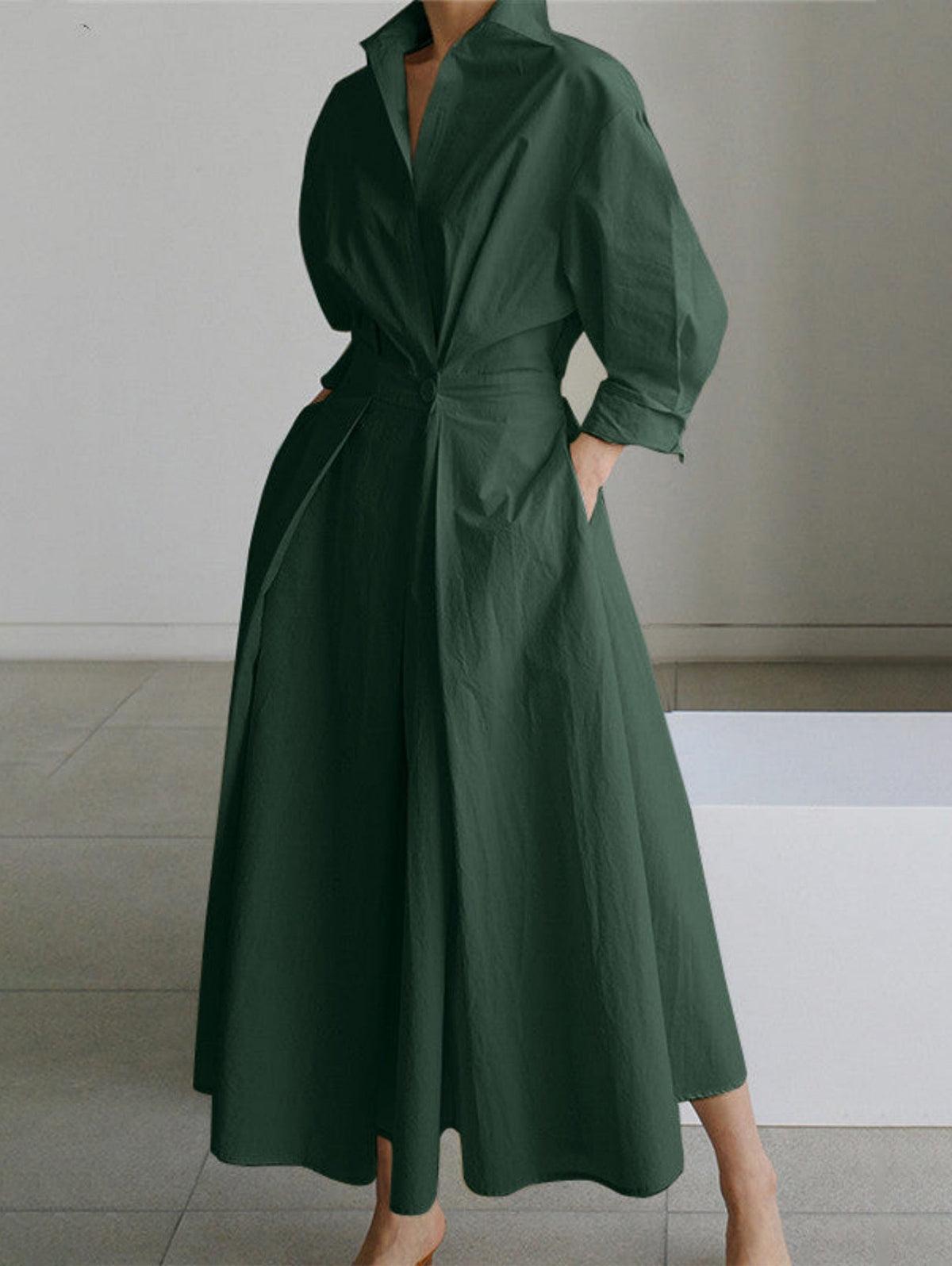 Grounded Sage Button-Up Midi Dress - Elegant Lapel Collar