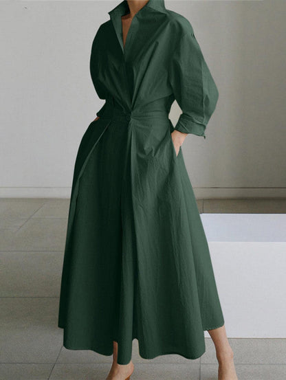 Grounded Sage Button-Up Midi Dress - Elegant Lapel Collar