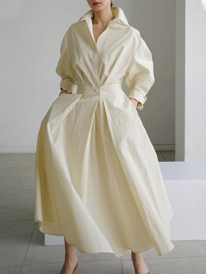 Grounded Sage Button-Up Midi Dress - Elegant Lapel Collar