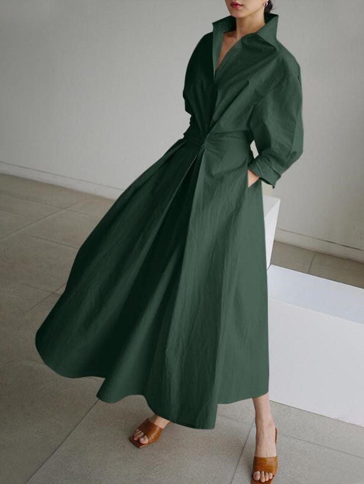 Grounded Sage Button-Up Midi Dress - Elegant Lapel Collar
