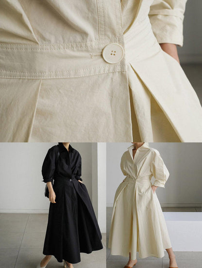 Grounded Sage Button-Up Midi Dress - Elegant Lapel Collar