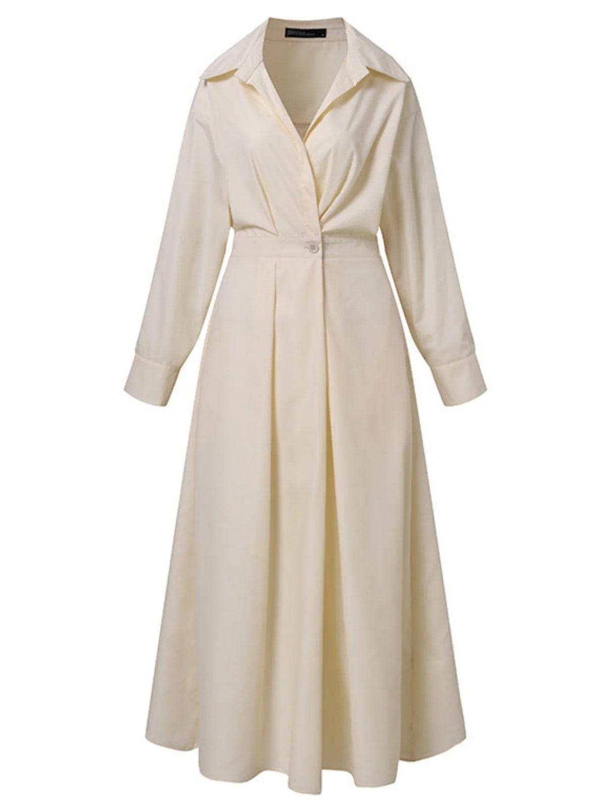 Grounded Sage Button-Up Midi Dress - Elegant Lapel Collar