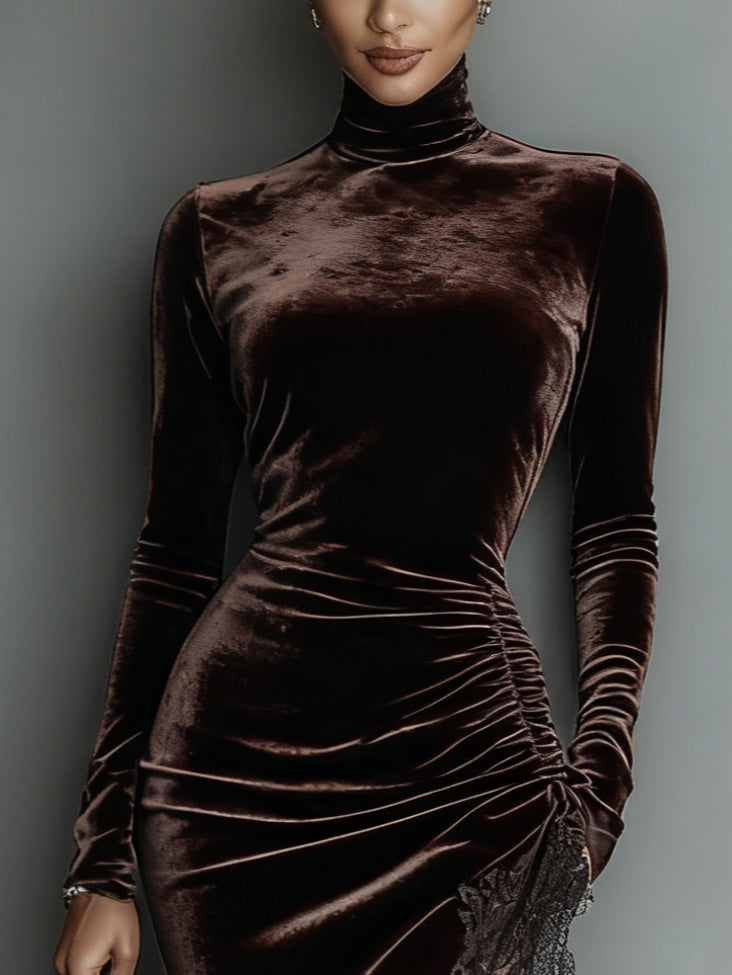 Grounded Sage Chocolate Velvet Maxi Dress - Lace Trim