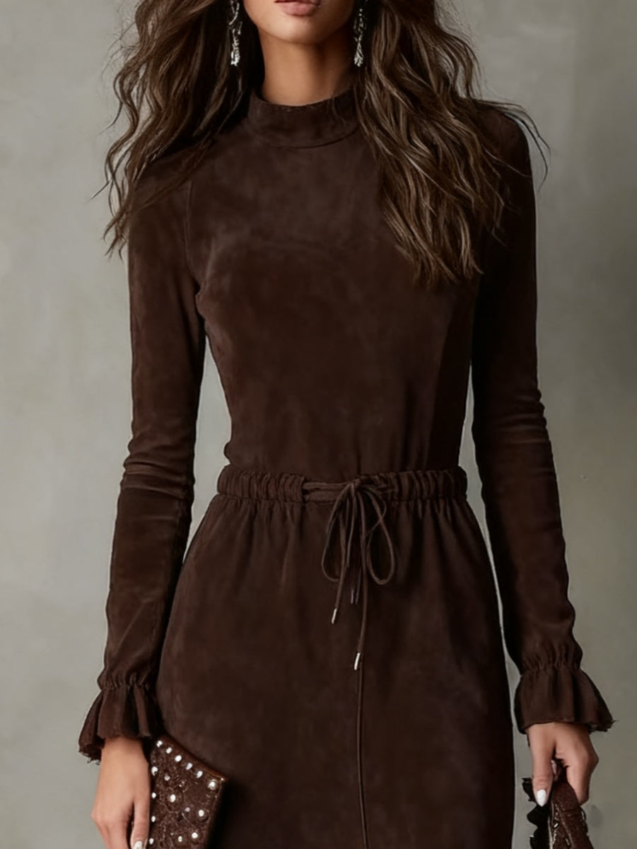 Grounded Sage Dark Brown Irregular Midi Dress - Suede Drawstring
